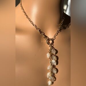 Gold and Cream Beaded Lariat Necklace